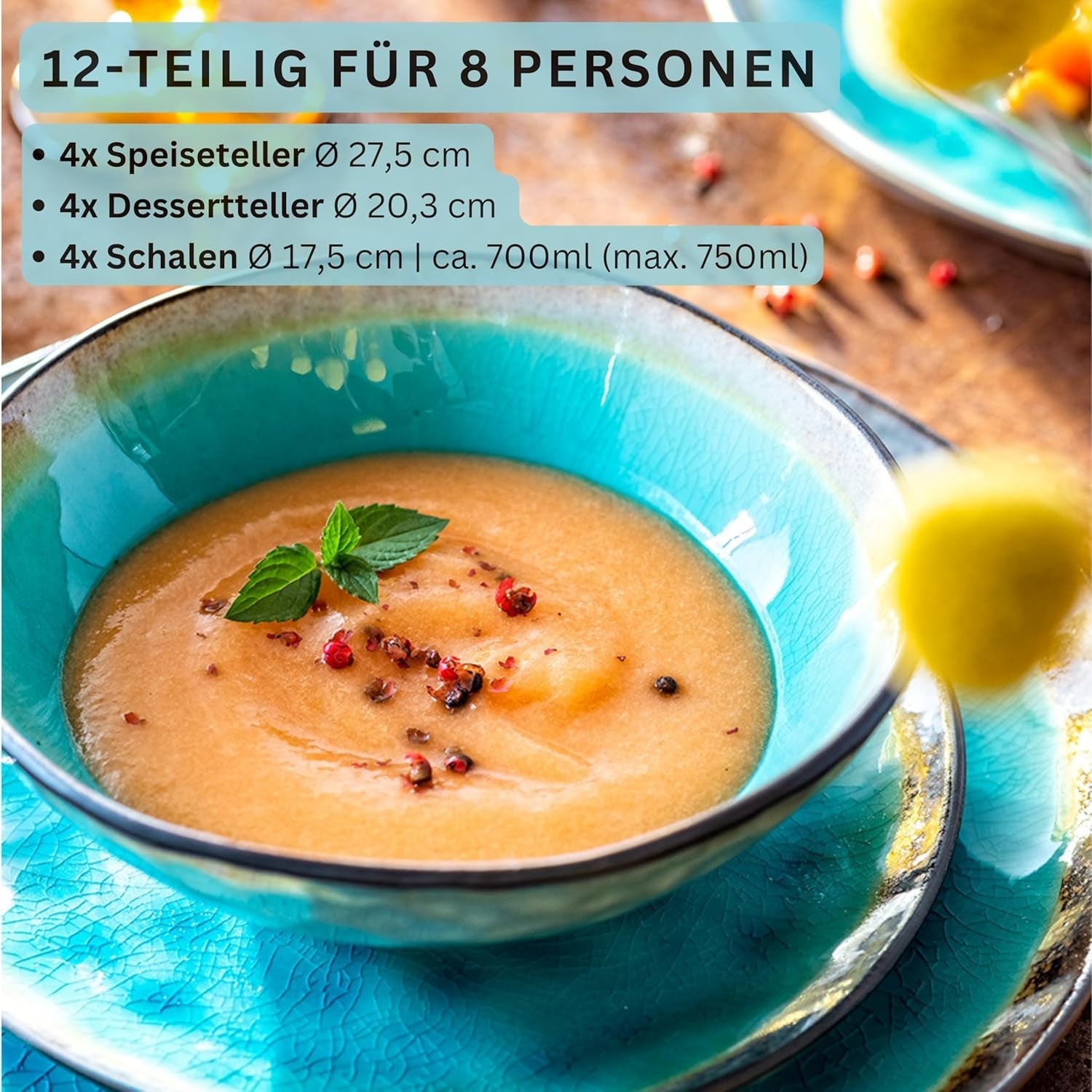 SANGER | Capri Spisestel 12 Deles Spisetøj Sæt 4 Personer Stentøjsstel Inklusive Middagstallerkener, Desserttallerkener og Suma tallerkener Håndlavet turkis middagsservice med grå kant | PREMIUM KOLLEKTIONEN