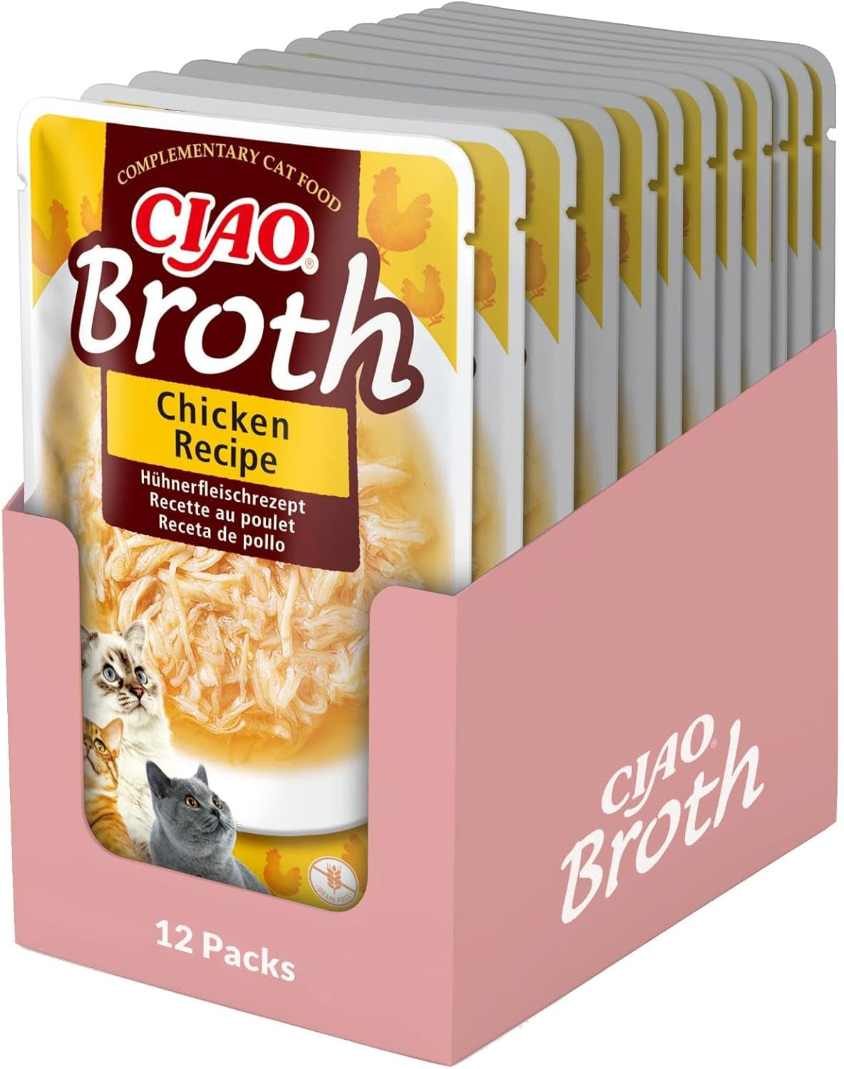 INABA Ciao Bouillon Vådfoder til katte 88% fugt og E-vitamin, premium suppe til katte med kylling 40g (pakke med 12), 100% naturligt kød, kornfri, sukkerfri