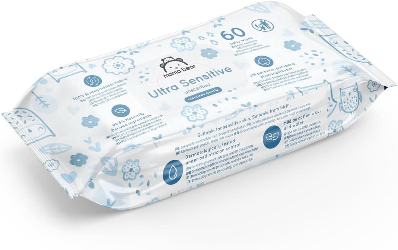 Mama Bear Ultra Sensitive Baby Wipes Duftfri 1008 Antal (18 pakker af 60) Naty Shop