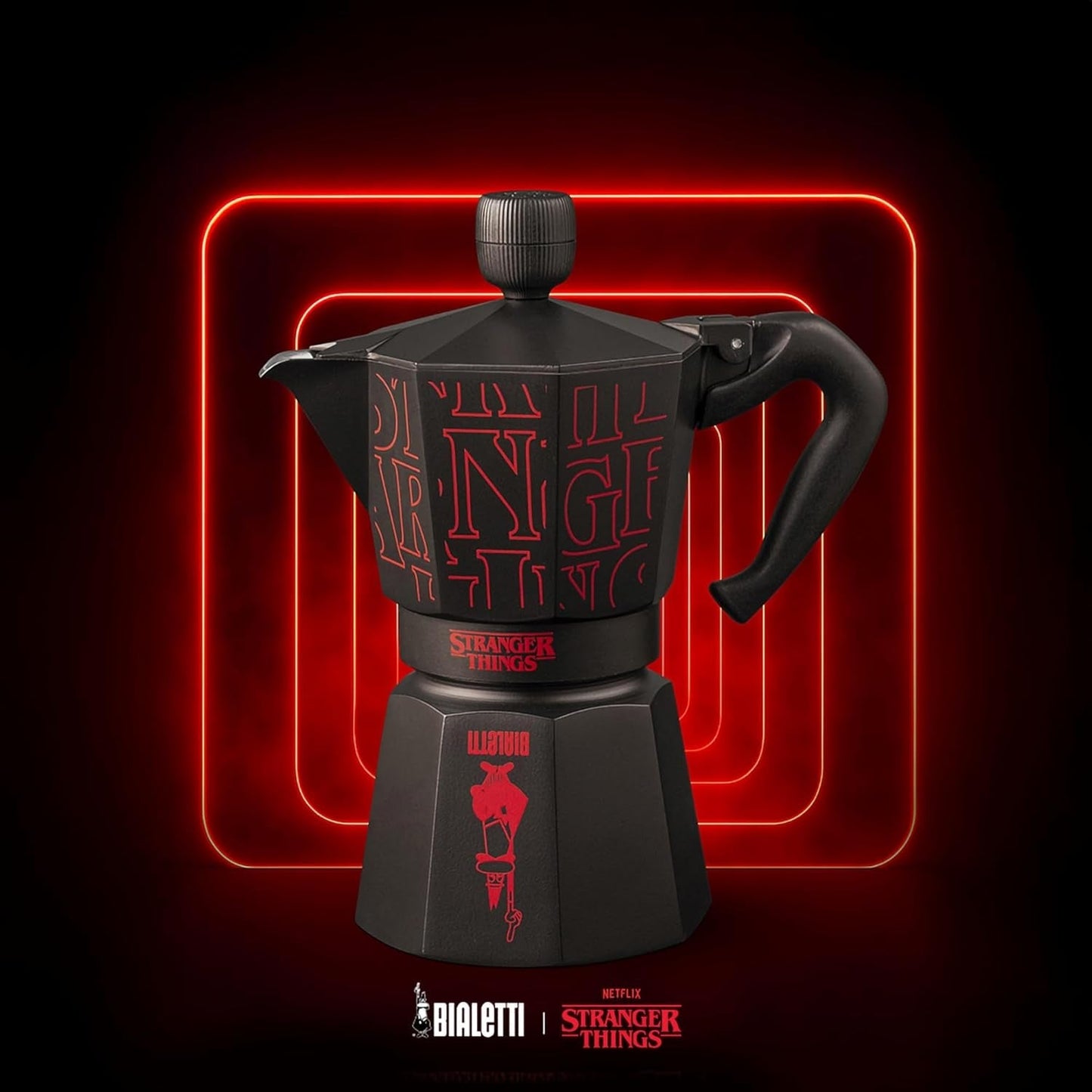 Bialetti Moka Express Stranger Things 6-kops kaffemaskine, musikknap med USB-C-opladningsfunktion, ikke egnet til induktionskogeplader, 6 kopper (270 ml), sort