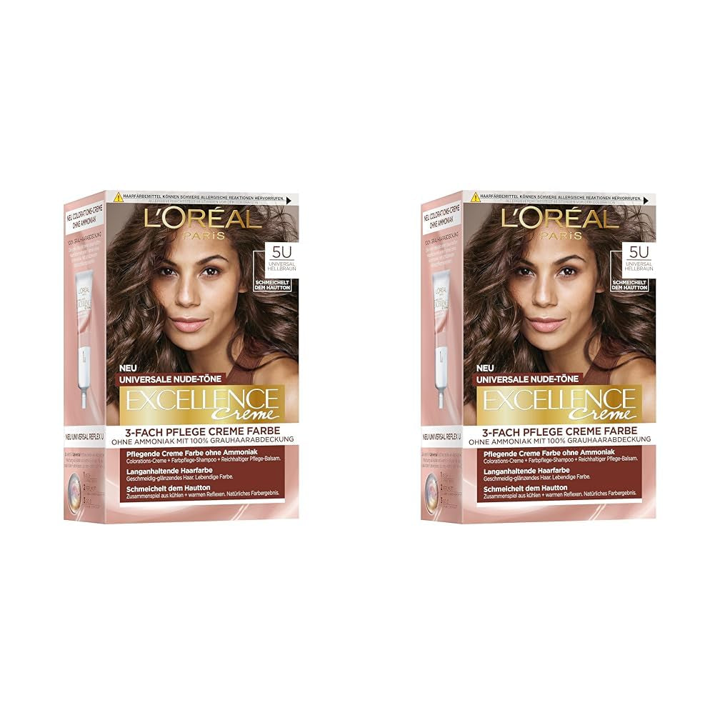 L'Oréal Paris Permanent hårfarve til enhver hudfarve, farvning uden ammoniak, universelle nude toner med fuld dækning af gråt hår, Excellence Creme, no. 5U lys kastanje (brun), 1 stk Naty Shop hårfarve 5U 192 G (pakke med 2)