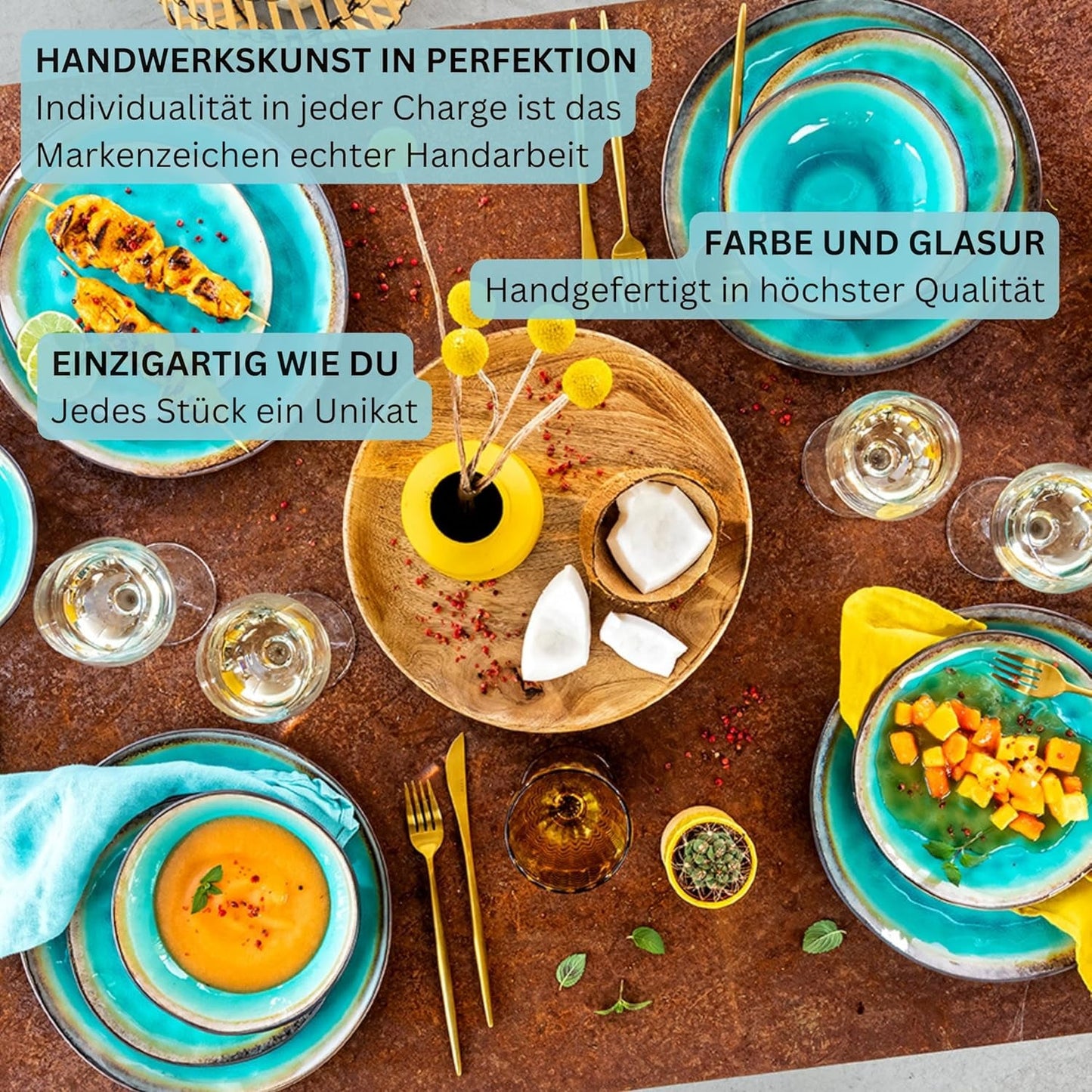 SANGER | Capri Spisestel 12 Deles Spisetøj Sæt 4 Personer Stentøjsstel Inklusive Middagstallerkener, Desserttallerkener og Suma tallerkener Håndlavet turkis middagsservice med grå kant | PREMIUM KOLLEKTIONEN