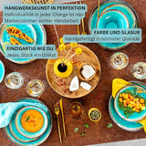 SANGER | Capri Spisestel 12 Deles Spisetøj Sæt 4 Personer Stentøjsstel Inklusive Middagstallerkener, Desserttallerkener og Suma tallerkener Håndlavet turkis middagsservice med grå kant | PREMIUM KOLLEKTIONEN