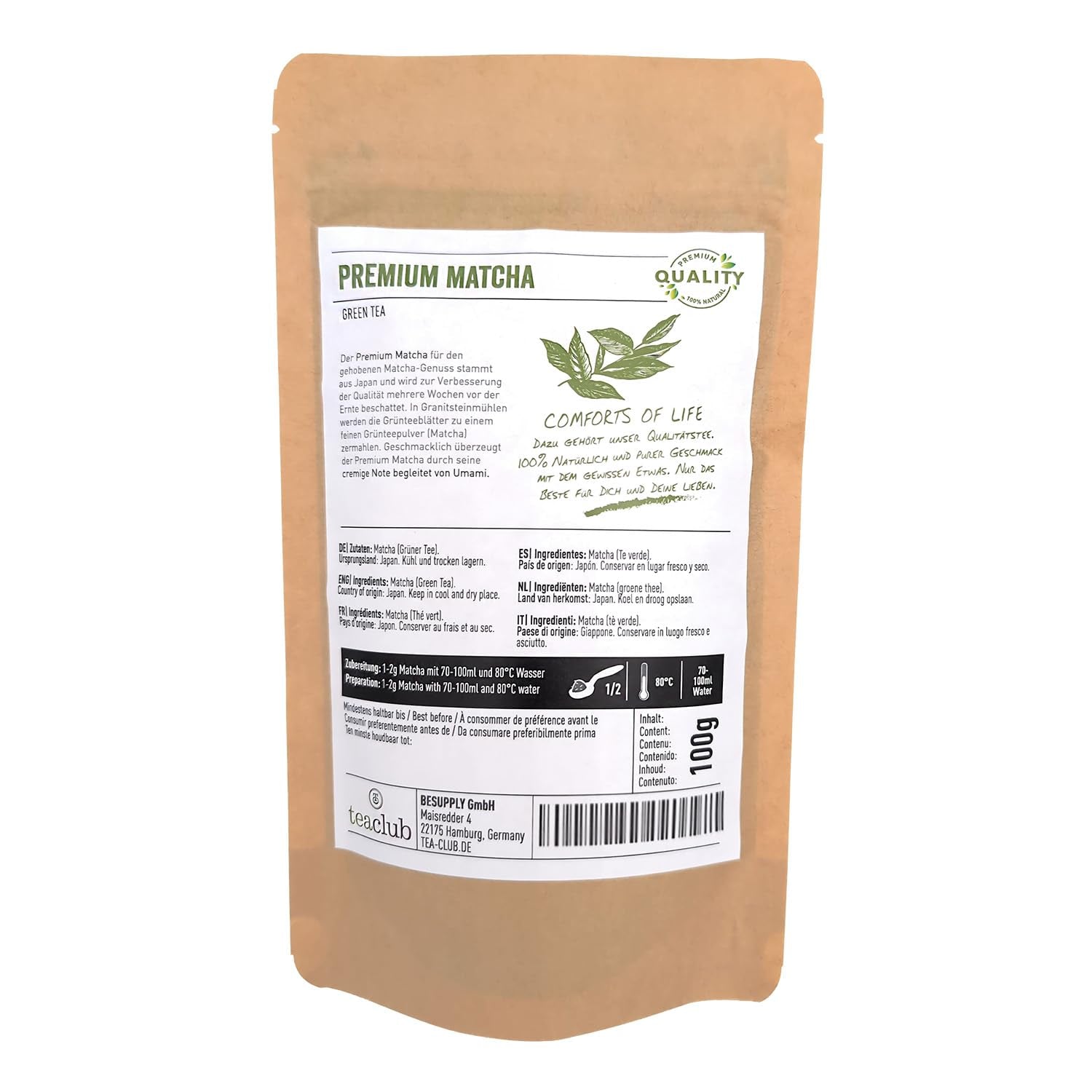 Premium Matcha Tea Japan 100 g - Laboratorietestet - Ceremonielt Matcha-pulver til fremstilling af Umami Matcha, 100 % naturligt grønt-te-pulver, ideel til Matcha Latte, Teaclub