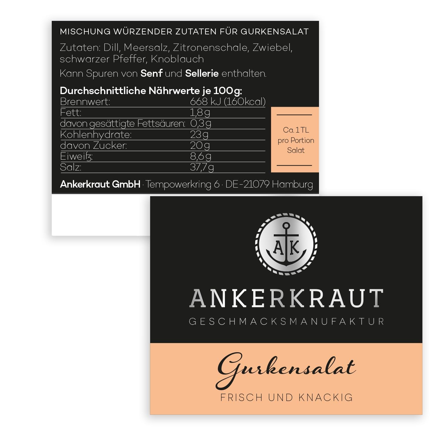Ankerkraut Gurkensalat, 60 g i et korkglas, Würze Gherken-Salat Ganz Einfach, Zuckerfrei og Ohne Gesmackverstärker, Mischung würzender Ingrediens für Salat