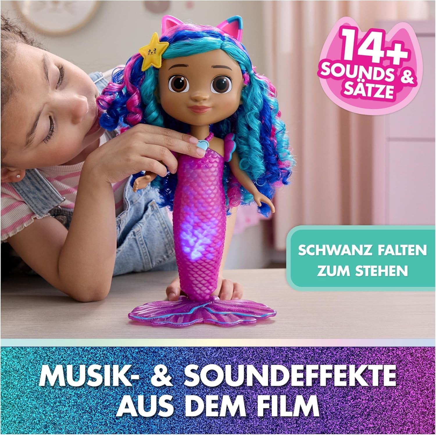 DREAMWORKS GABBY'S DUKKEHUS – Sing & Shine Meerjungfrau Gabby, 35 cm stor Puppe mit Licht- og Soundeffekten, spricht Deutsch, für Kinder ab 3 Jahren