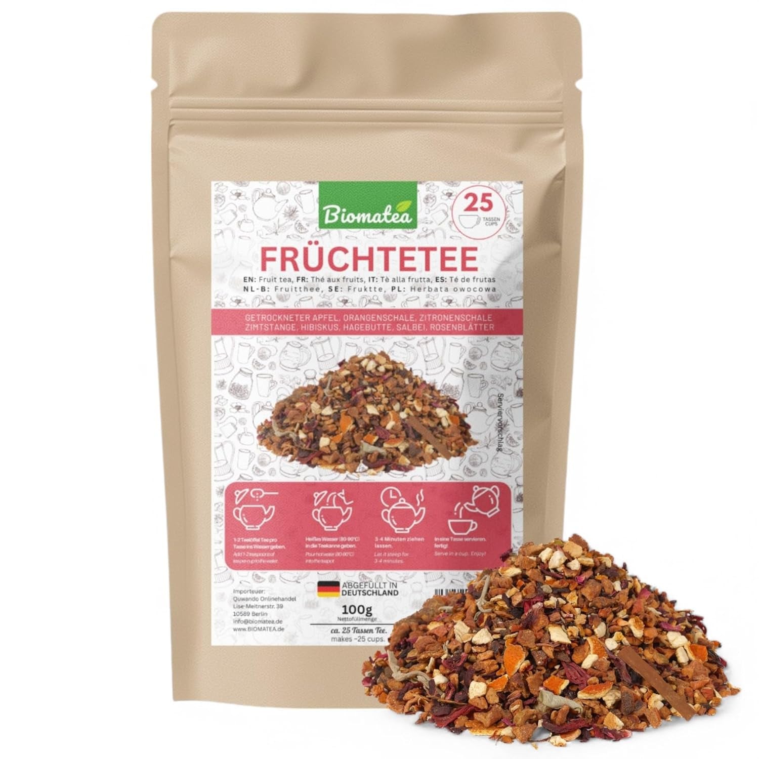 Frugtte – 100g Frugtblanding med smag med æble, hibiscus og kanel – Ziplock-pose, ca. 25 kopper – Ingen tilsætningsstoffer, pakket i Tyskland