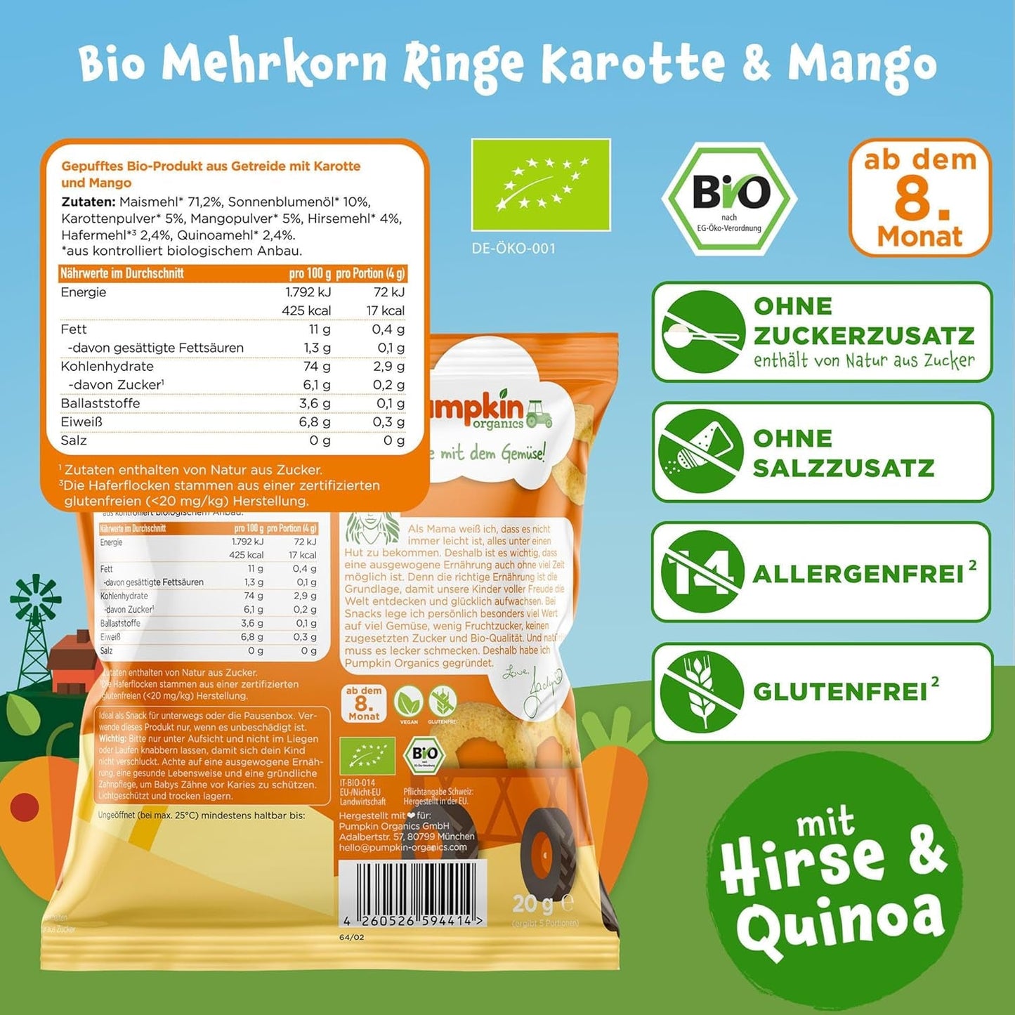 Pumpkin Organics Baby flerkornede gulerods- og mangoringe (pakke med 8) Additivfri babysnacks fra 12 måneder - Allergenfri² og glutenfri³ sprøde babysnacks (8 x 20 g)