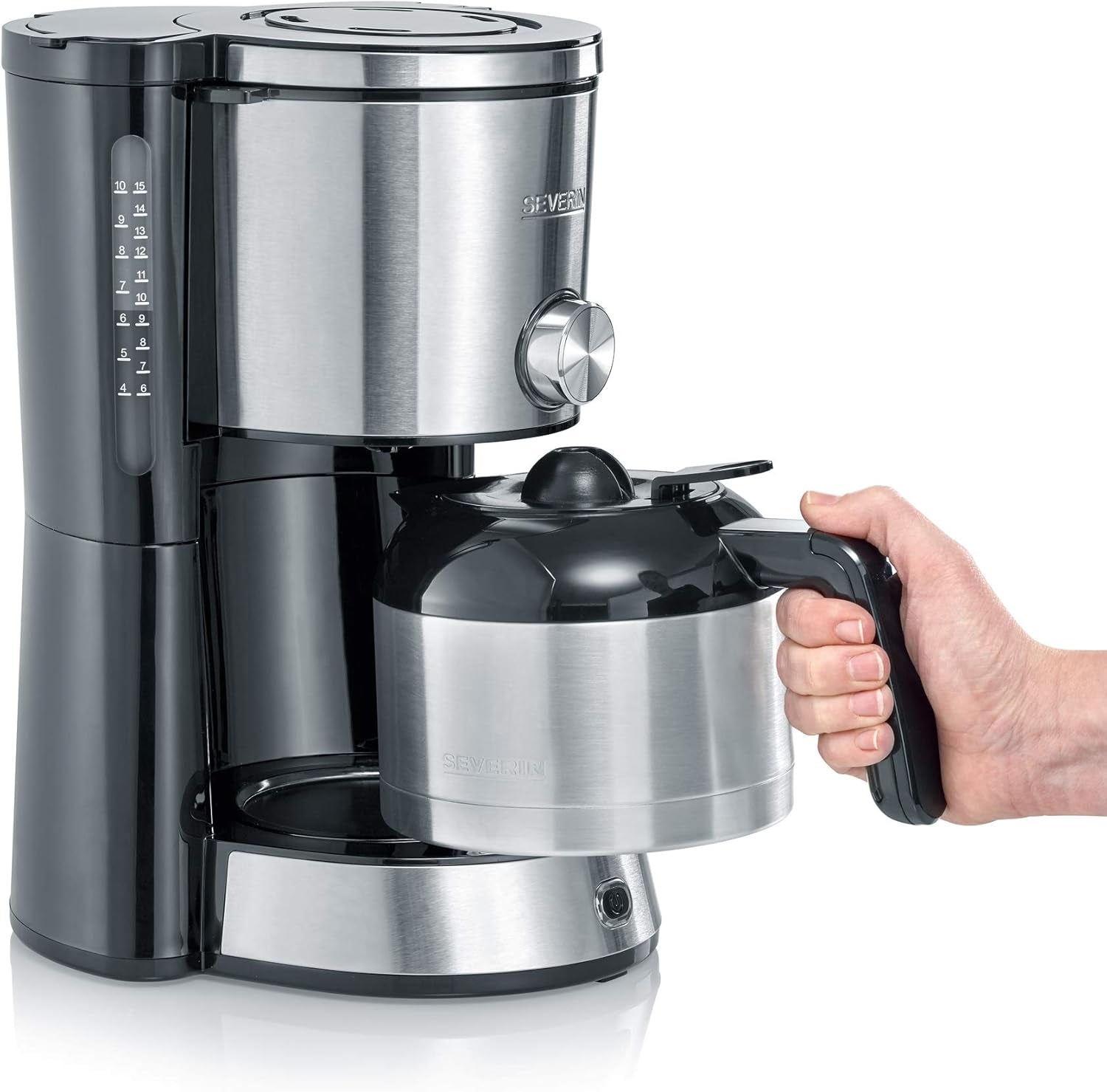 SEVERIN "TypeSwitch" espressomaskine med termokande, AromaSwitch til valg mellem 2 bryggeprofiler, kaffemaskine til op til 10 kopper, 1000W, børstet rustfrit stål-sort, KA 4845