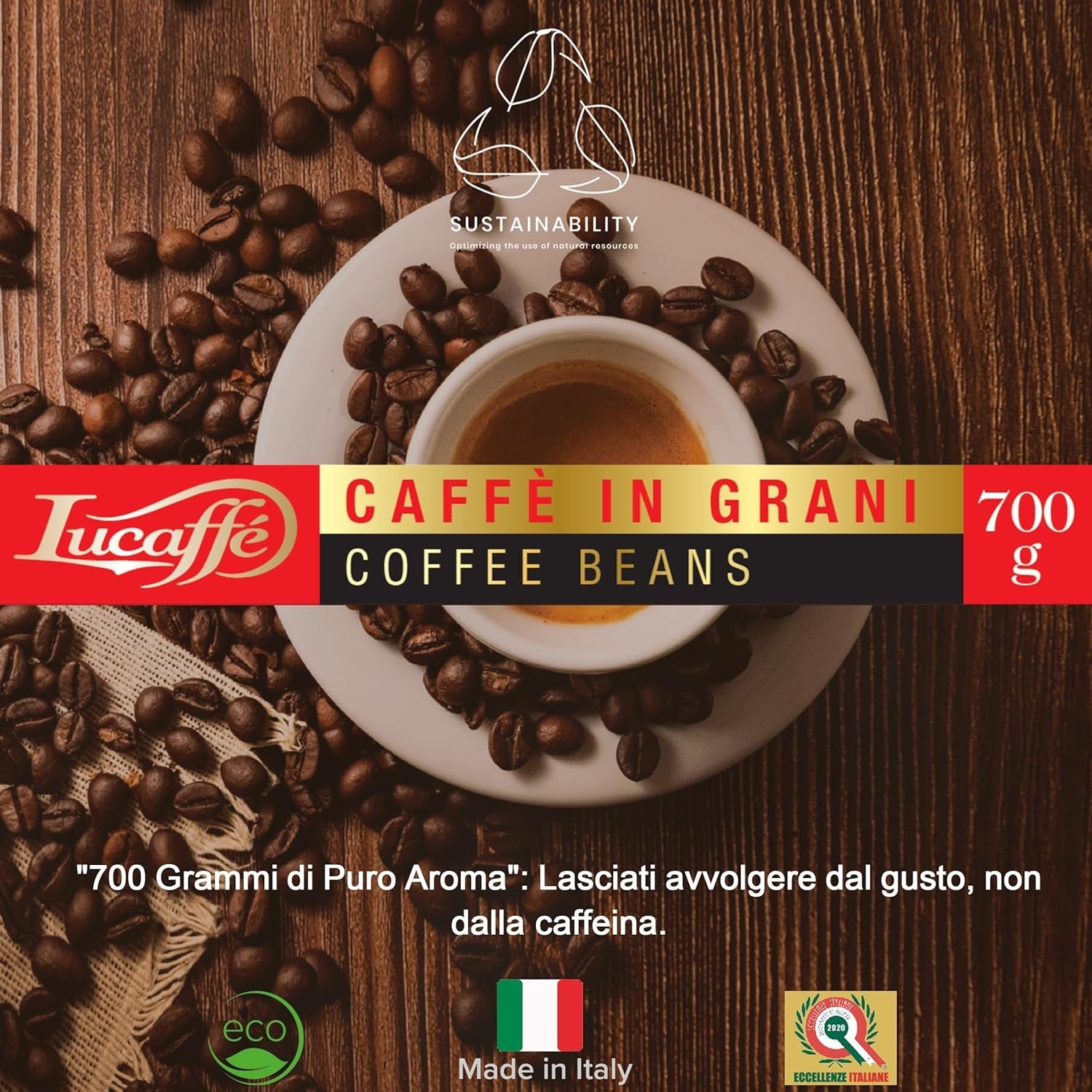 Lucaffè - Entkoffeinierte Kaffeebohnen Decaffeinato, 700 Gr | Kaffeebohnen zum Mahlen für Espresso ohne Kaffein | Mørk Röstung | Süßer und fruchtiger Gesmack, cremet | Aroma intensiv