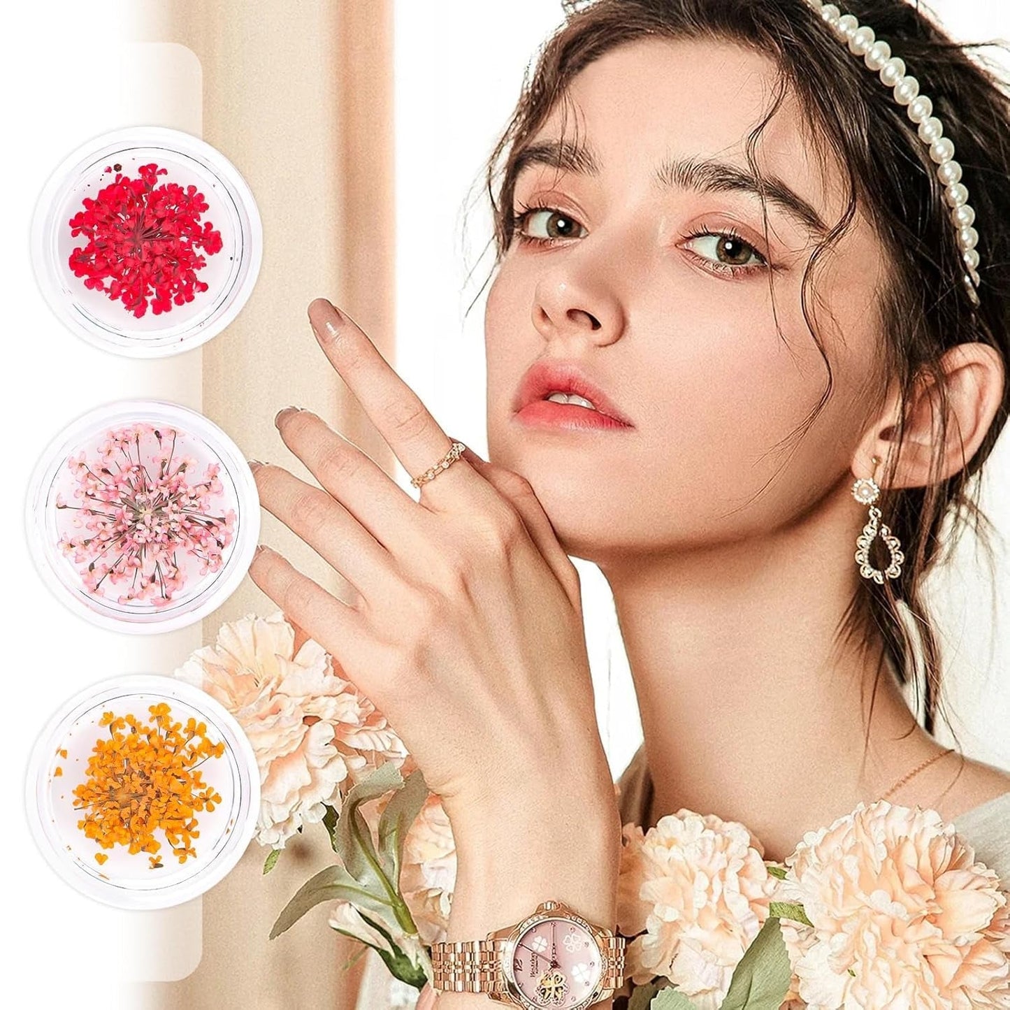 Nail Art Flowers Set Decoration - Gelnägel Zubehör 3 Farben(Orange,Blassrosa,Rose),Nail Art Aufkleber Trockene Blumen Kit Getrocknete Blumen Zubehör Sæt DIY Nageldekoration