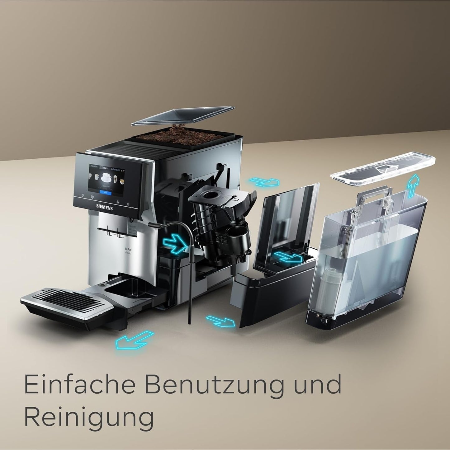 Automatisk espressomaskine Siemens EQ700 classic TP715D01, app-kontrol, koldbryggning, intuitiv touch-display, op til 10 individuelle kaffekreationer som favoritter, automatisk damprensning, 1500 W, sølvgrå