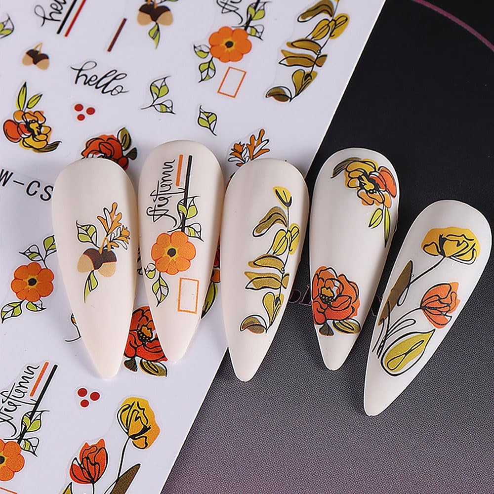 3D Autumn Nail Stickers Græskarblade Negle Stickers Geometrisk linje Blomster Negle Stickers Thanksgiving Day Design Negle Stickers Efterår Pumpkin Nail Stickers Negletilbehør Negle Art