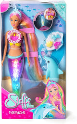 Simba Steffi Love Mermaizing Mermaid Doll med regnbuelysfunktion, ekstra langt hår, delfinfigur og hårspænder, 39 cm højde, prøv-mig-funktion, 3+ år