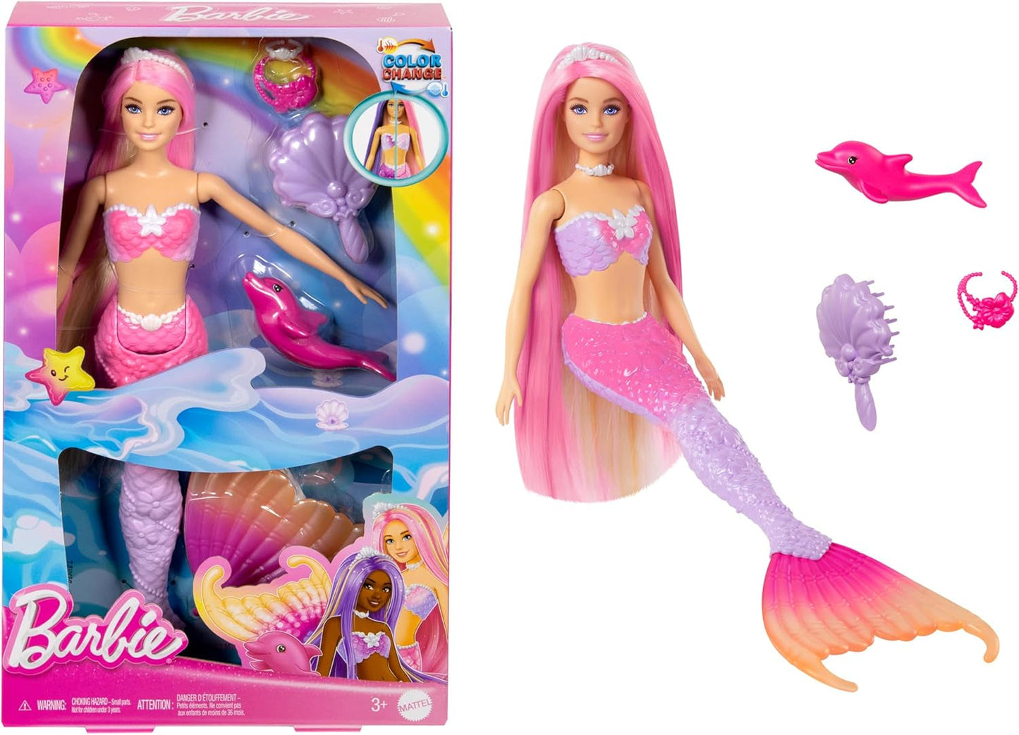 BARBIE Havfruedukke - Inspireret af tv-serien "Barbie: Hidden Magic" med farveskiftende effekt og tilbehør, 19 cm langt pink hår til styling, til børn fra 3 år og derover, HRP97