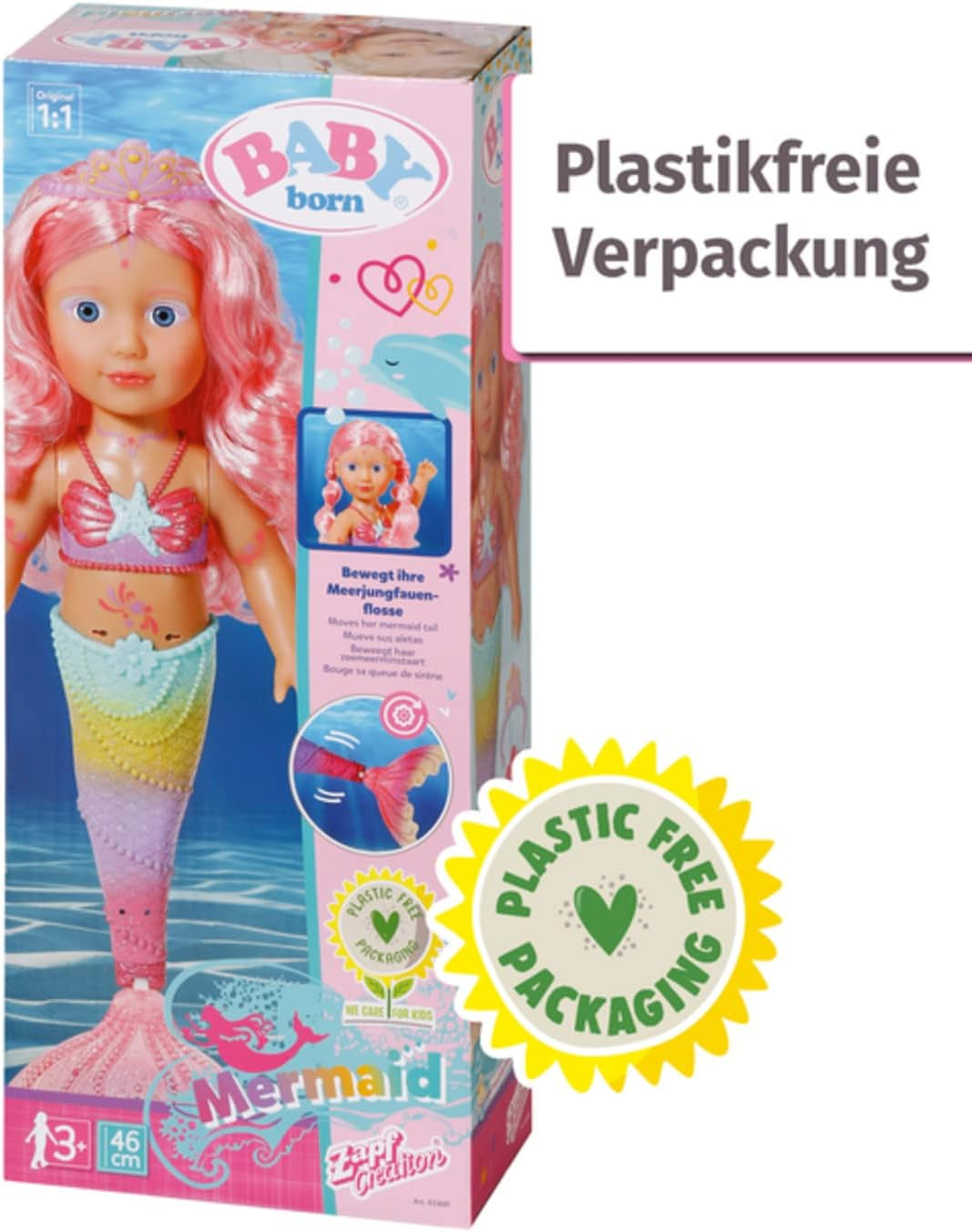 BABY Born Little Sister Mermaid 46 cm Vandtæt havfruedukke med langt hår og bevægelig glitterfinne, inkl. tiara og kam, 833681 Zapf Creation Dolls Naty Shop