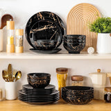 LOVECASA Daphne Series Porcelænsservisesæt SWEET 24-delt kombinationssæt Gulddesign Middagstallerkener Desserttallerkener Korn skåle og middagstallerkener til 6