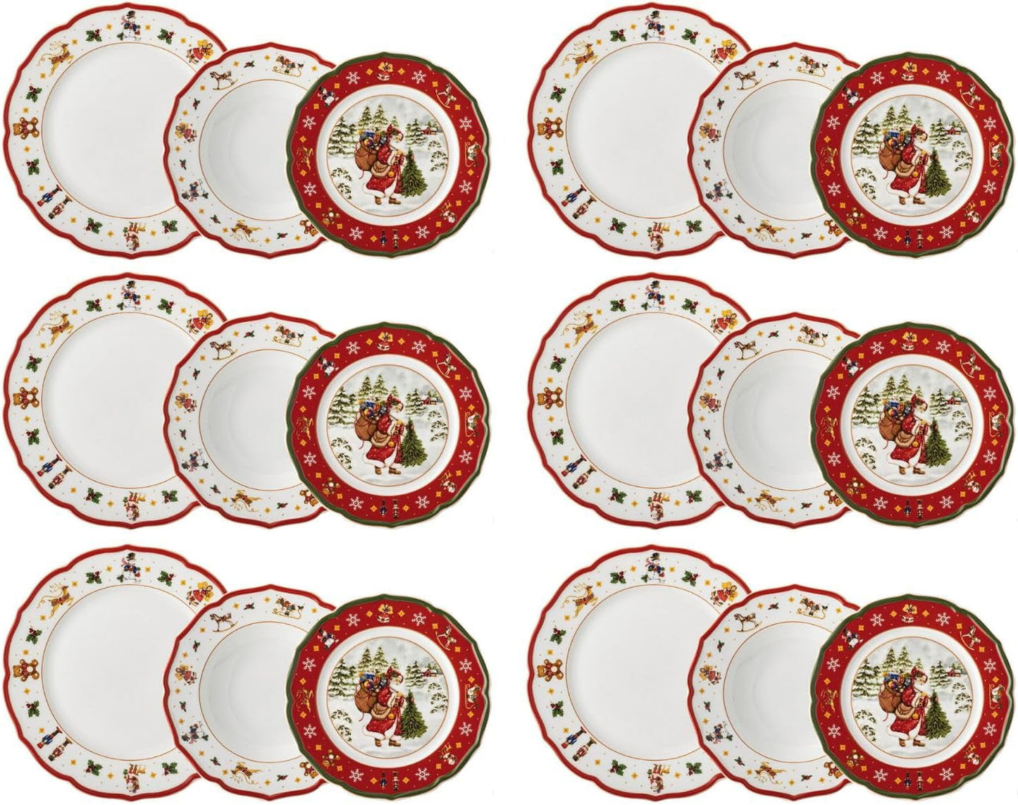 Hutschenreuther Happy Wintertime Red Christmas Servicesæt til 6, porcelæn, flerfarvet, 6 morgenmadstallerkener, 6 middagstallerkener og 6 middagstallerkener, tåler opvaskemaskine og mikroovn