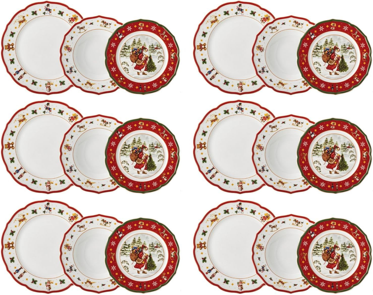Hutschenreuther Happy Wintertime Red Christmas Servicesæt til 6, porcelæn, flerfarvet, 6 morgenmadstallerkener, 6 middagstallerkener og 6 middagstallerkener, tåler opvaskemaskine og mikroovn