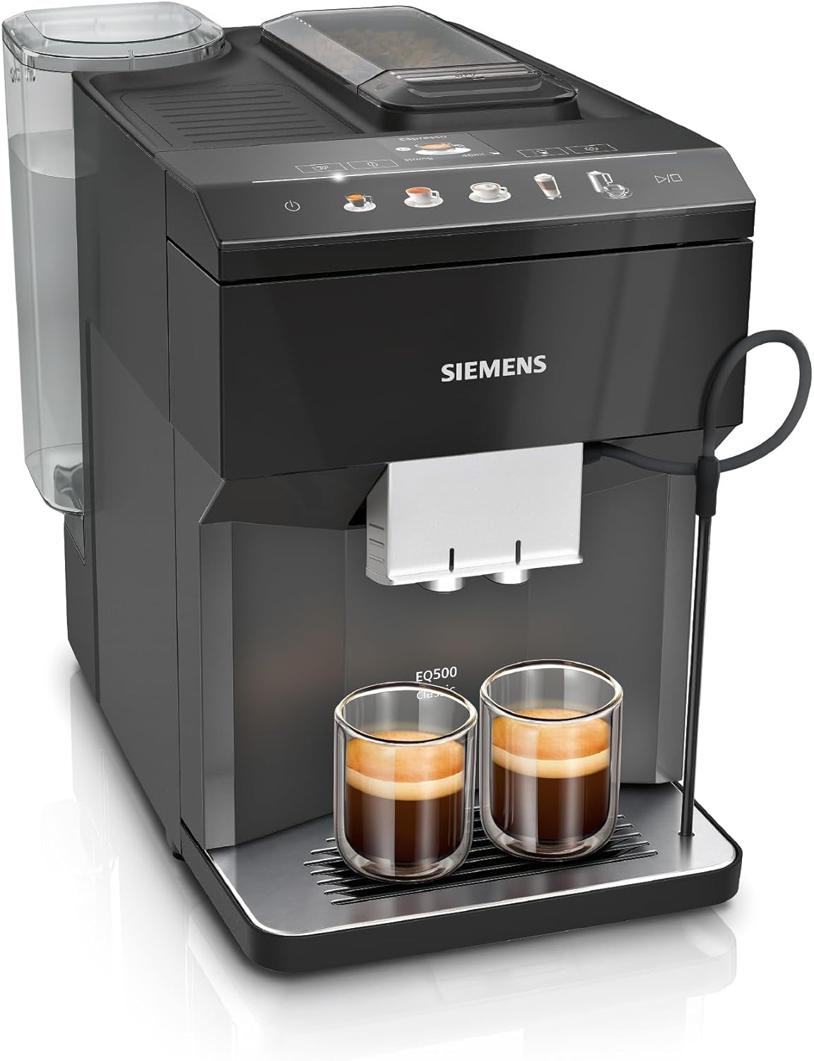 Siemens EQ500 klassisk automatisk espressomaskine, TFT farveskærm, 5 typer kaffe og mælk, dobbelt kop funktion, nem rengøring, aftagelig bryggeenhed, med mælkeslange, sort, TP511E19