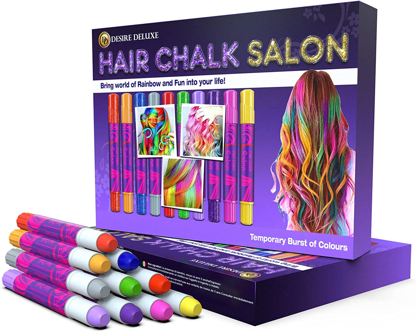 Desire Deluxe hårkridtgaver til piger, hårkridt til hårfarvelegetøj til jul, 10 vaskbare hårfarvepenne til karneval, 3 4 5 6 7 8 9 11 år gammelt hårfarve Naty Shop Standardtitel