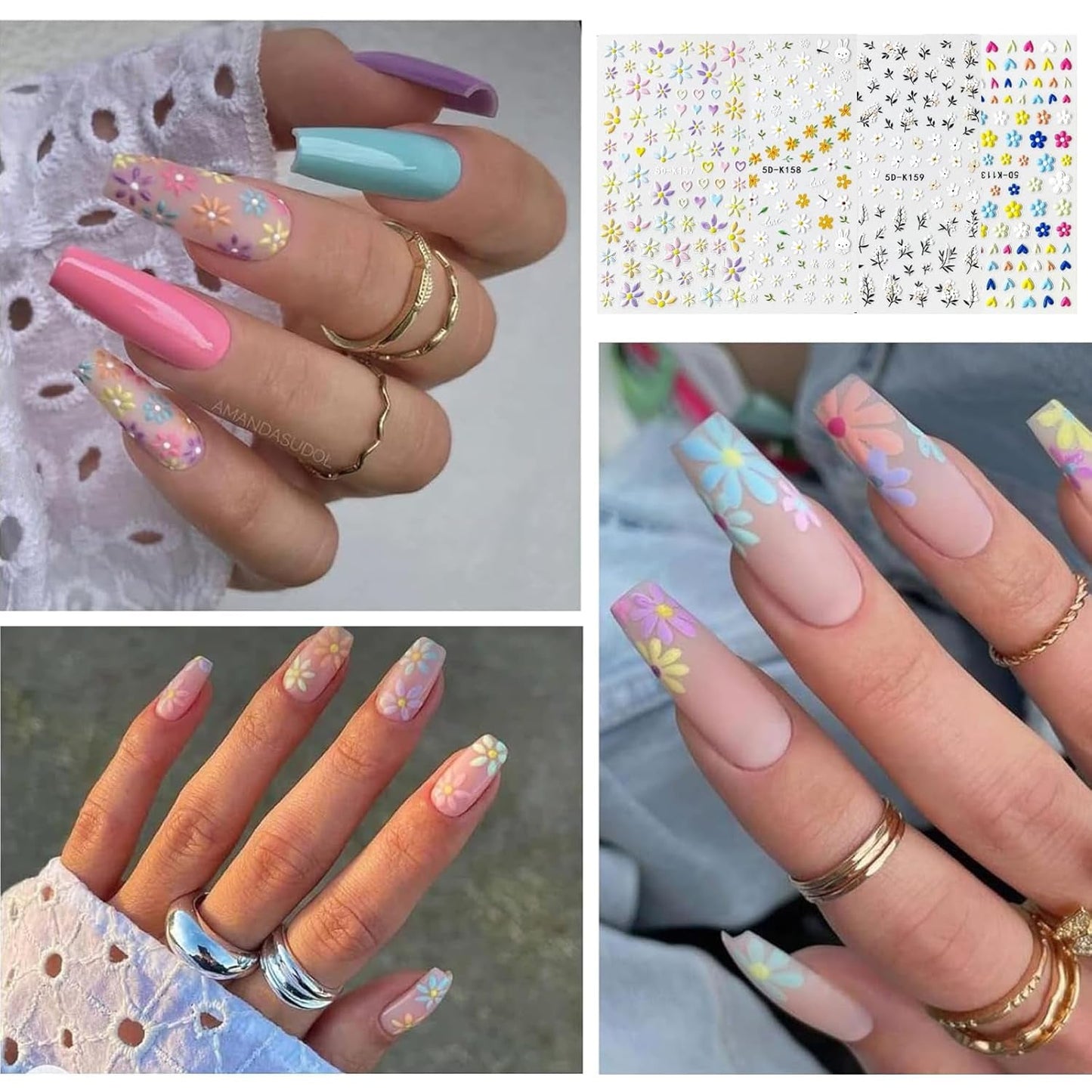 Nagelsticker Sæt Für Einzigartiges Nageldesign, 4 Blatt Frühlingsthemen Nail Art Tilbehør, Perfekt Für 3D Gel Nägel Og UV Gel Strips