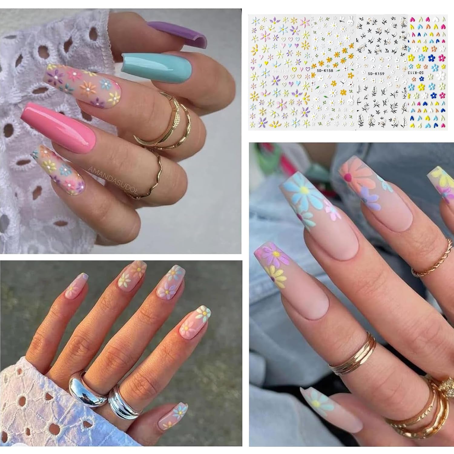 Nagelsticker Sæt Für Einzigartiges Nageldesign, 4 Blatt Frühlingsthemen Nail Art Tilbehør, Perfekt Für 3D Gel Nägel Og UV Gel Strips