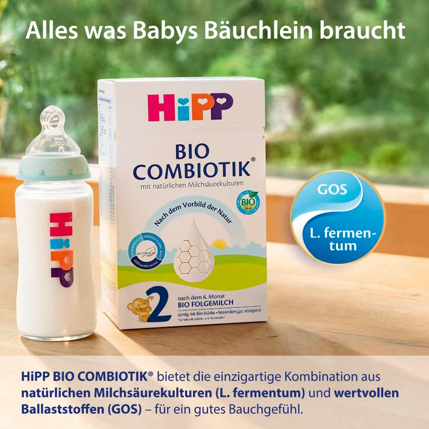 HiPP 2 Økologisk Combiotik (4 x 600 g), tilskudsmælk efter 6 måneder, med stivelse, naturlige kulturer af mælkesyre, GOS, Omega-3 (DHA, ALA), af bedste økologiske kvalitet