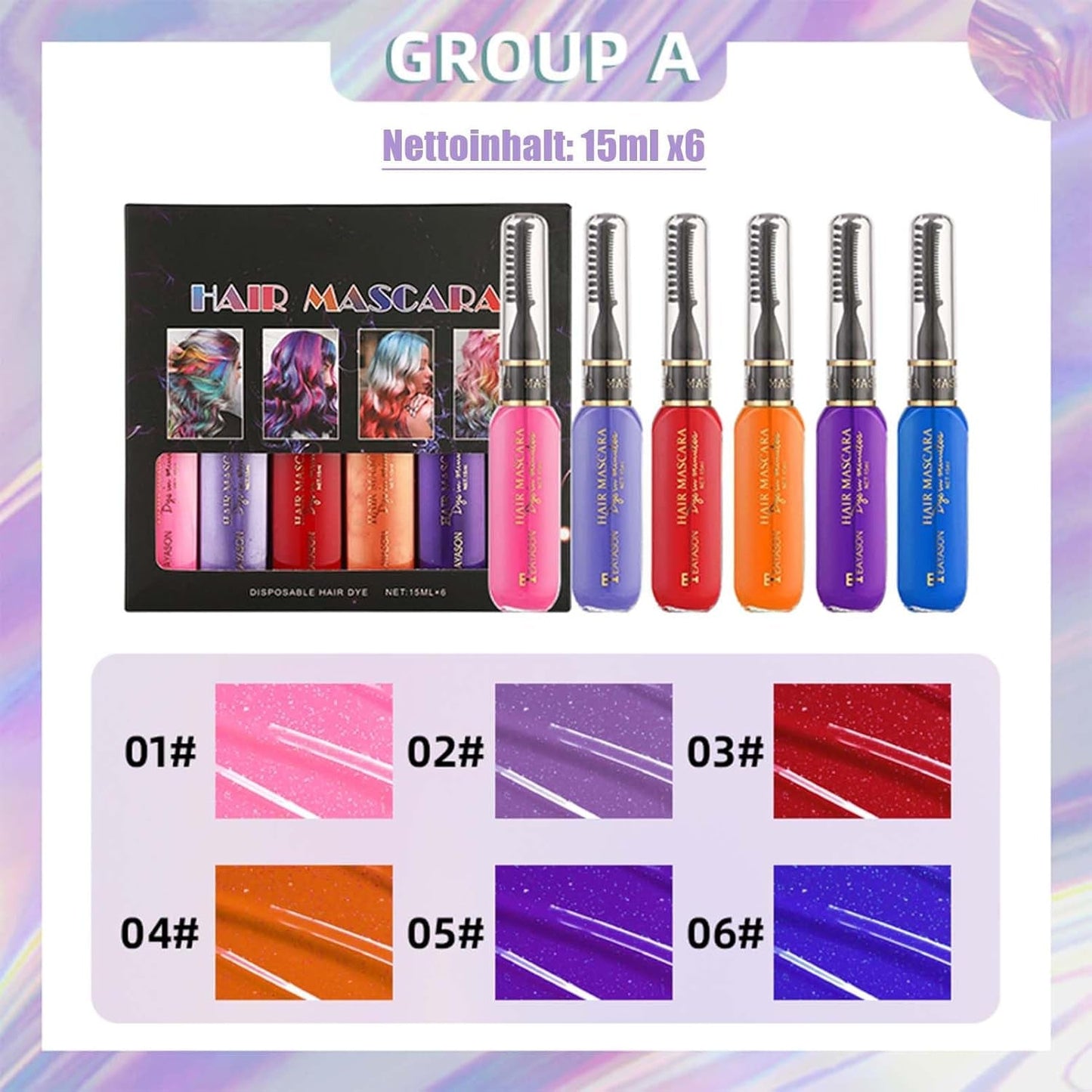 Øjeblikkelig hårfarve 6 farver Midlertidig hårmascara til piger og kvinder vaskbart hår kridt regnbuehårmascara hårfarve til karneval Halloween cosplay fest fødselsdag (A) Naty Shop hårfarve