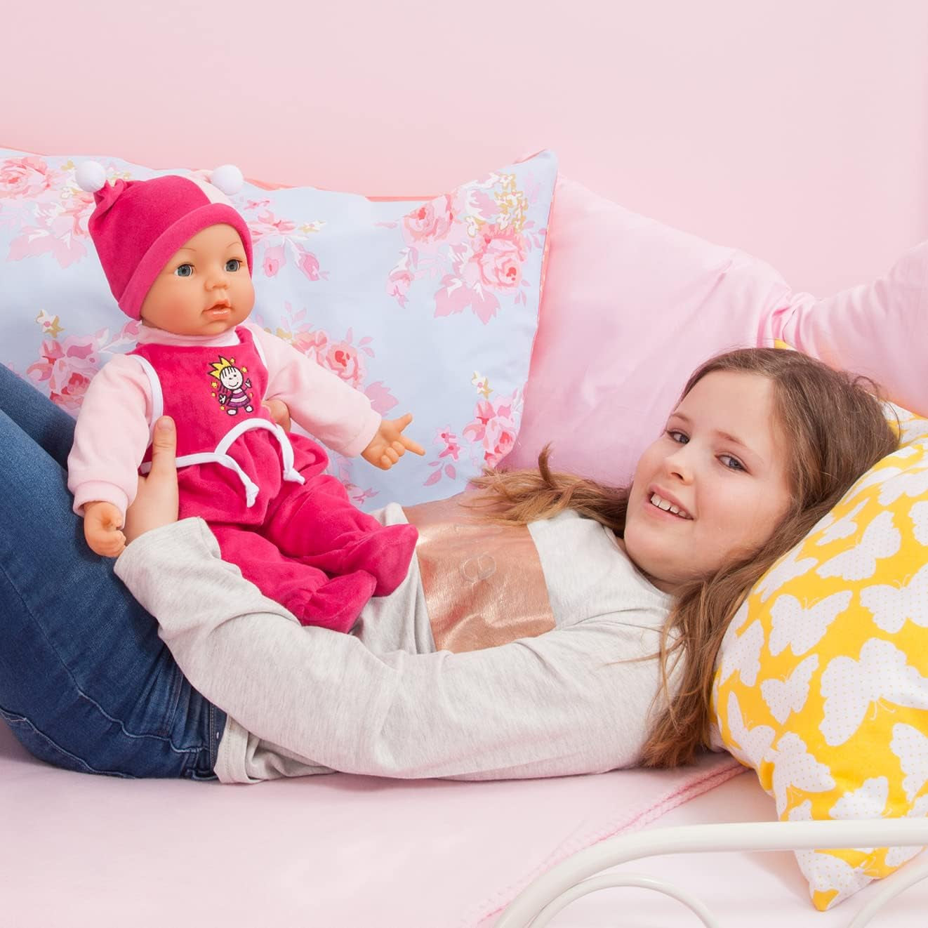 Funktionspuppe Hello Baby mit Geräuschen, bewegt den Mund, interaktiv Puppe, Babypuppe, med Tilbehør, 46cm, pink