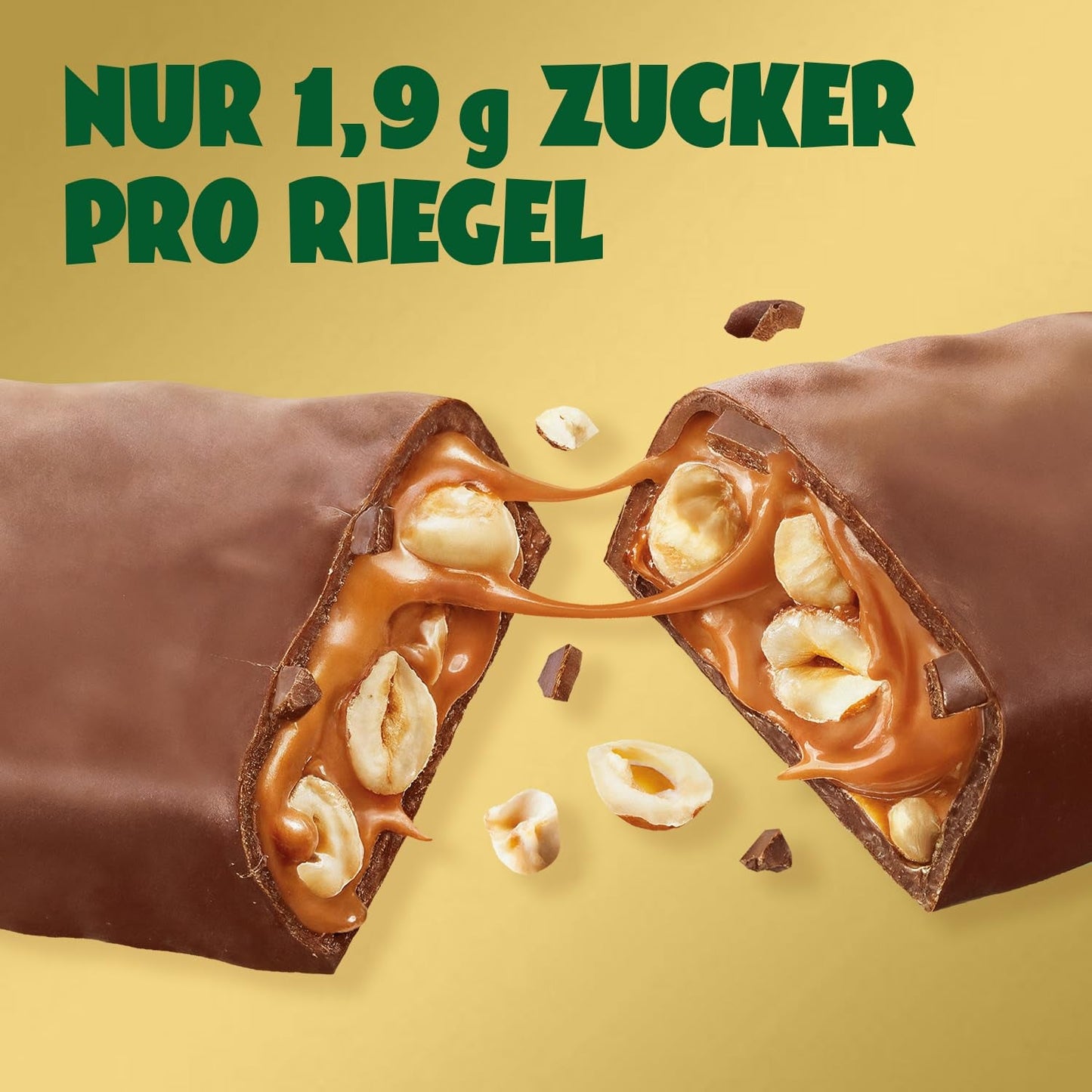 Karamel- og hasselnøddechokoladebarer forude | 12 chokoladebarer x 35 g uden tilsat sukker | 1,9 g sukker pr. bar | Sprød hasselnød og karamel smag | Low Carb slik | Ingen palmeolie