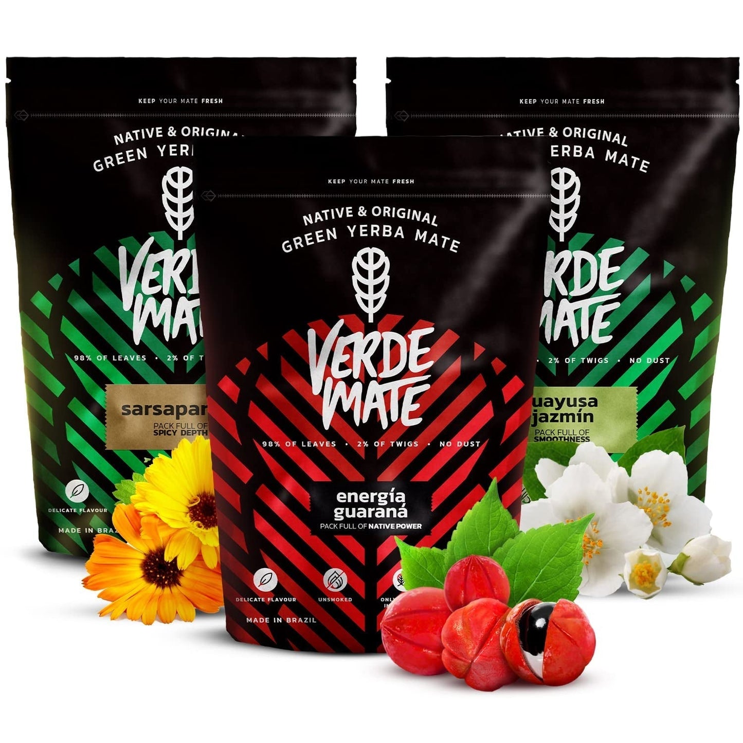 Urte Yerba Mate tesæt | Yerba Mate med urter | Green Mate Green Energy Guarana, Guayusa Jazmin, Sarsaparilla | Brasiliansk grøn Yerba Mate | 3X500G