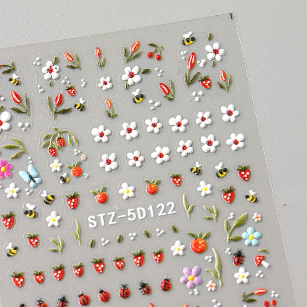 JMEOWIO 3D Nagelsticker Blumen Frucht Nail Art Sticker Selbstklebend Nagelaufkleber 5D Stereoskopisk Dekoration Nageldesign Tilbehør 4 Blatt