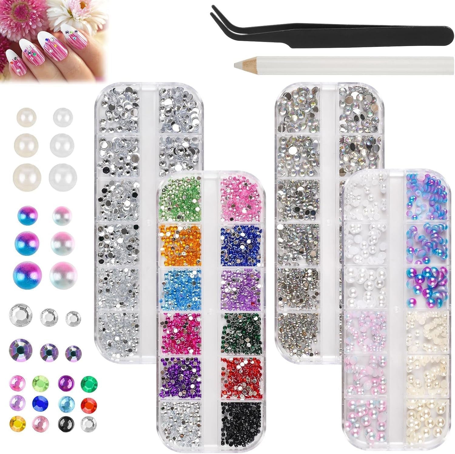 5820 Stück Strasssteine Nägel, Glitzersteine Nägel Und Halbrunde Perlen, AB Kristall Rhinestones, Flatback Nagel Steine Mit Pinzette Und Stift Für Nagel/Diy (Mehrere Größen Und Farben)