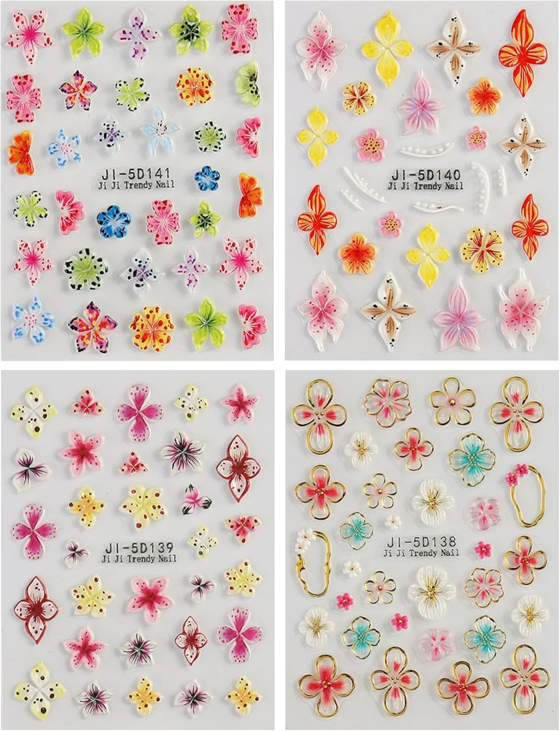 JMEOWIO 3D Nagelsticker Farverig Flower Nail Art Sticker Selbstklebend Nagelaufkleber 5D Stereoskopisk Forår Sommer Blomsterdekoration Nageldesign Tilbehør 4 Blatt