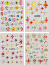 JMEOWIO 3D Nagelsticker Farverig Flower Nail Art Sticker Selbstklebend Nagelaufkleber 5D Stereoskopisk Forår Sommer Blomsterdekoration Nageldesign Tilbehør 4 Blatt
