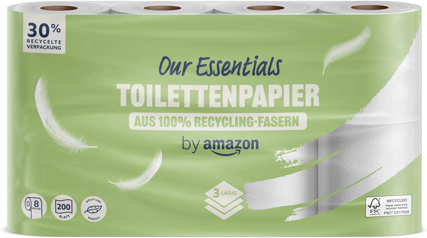 By Amazon Toiletpapir, 3 lag, 10 ruller (10 ruller, 1-pak) 200 ark pr. rulle, Fsc certificeret