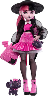 Monster High Draculaura-dukke med sit kæledyr Count Fabulous flagermuskat og tilbehør såsom rygsæk, tryllebog, bento-boks og mere, HRP64 Naty Shop Dolls Count Fabulous
