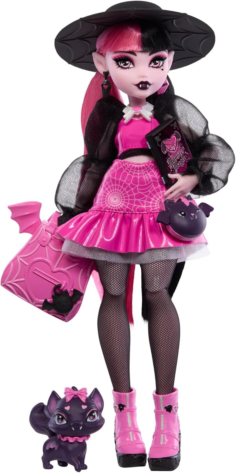 Monster High Draculaura-dukke med sit kæledyr, flagermuskatten, Count Fabulous og tilbehør såsom en rygsæk, en tryllebog, en bento-boks og mere, HRP64