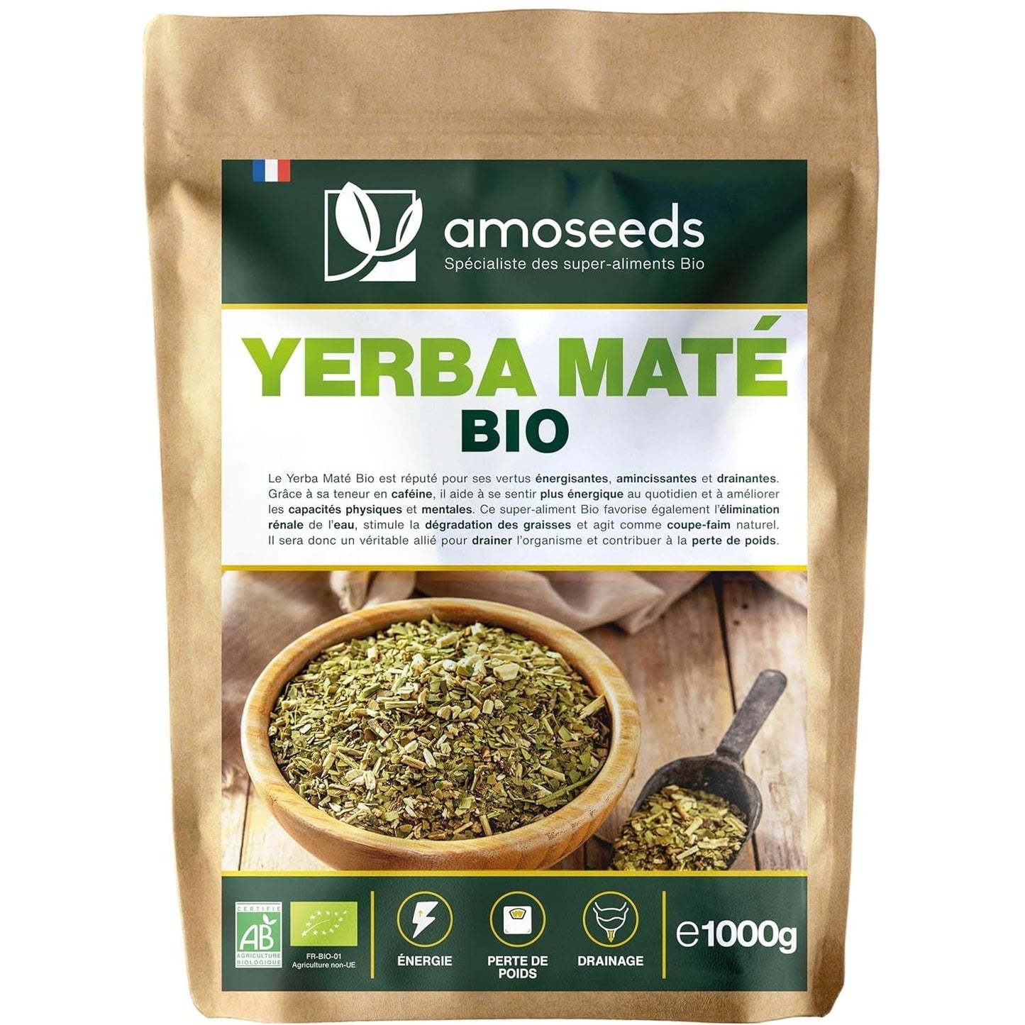 Yerba Maté ØKOLOGISK 1 kg | Grøn maté, urøget | 100% blade, ingen stængler | Energi, alternativ til kaffe | Premium kvalitet