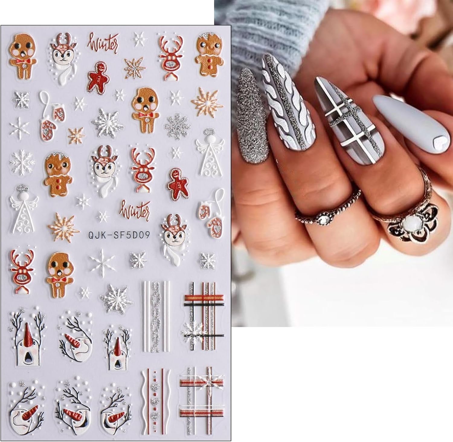 Jul 3D negle stickers 4 ark 5D negle stickers Stereoskopiske negle stickers dekorationer Negle Design Accessories