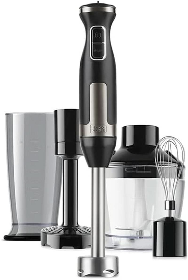 BLACK+DECKER Stand mixer | BXHBA1500E | 1500 Watt | 20 hastigheder | Turbo | Edelstahl | Spritzschutz | Inklusive Pürieraufsatz, Schneebesen, Zerkleinerer Und Messbecher Kitchen Naty Shop Single 4 Zubehörteile 1500W