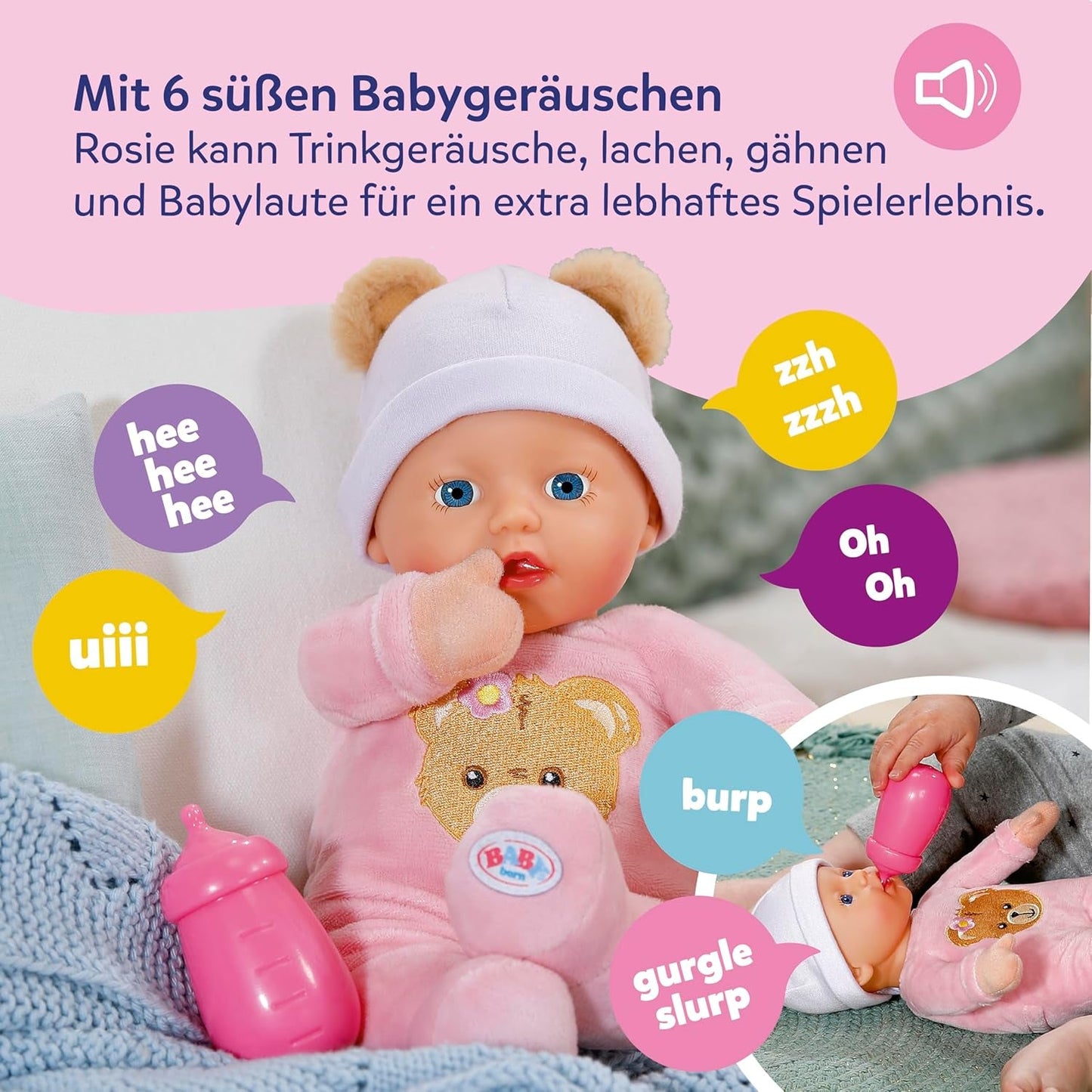 Baby Born Rosie blød dukke 30 cm med 6 lyde og flaske, pink