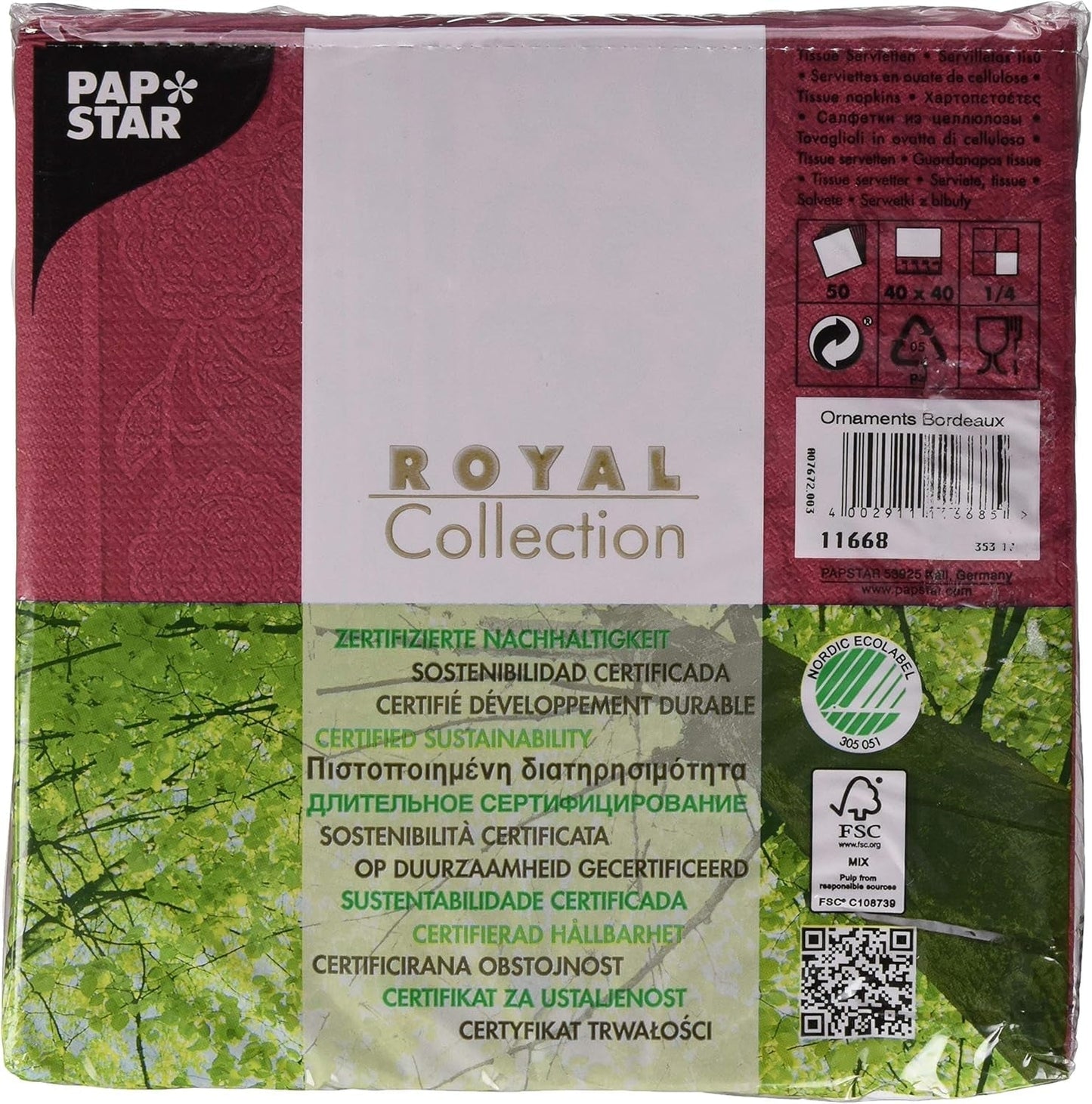 50 servietter "ROYAL Collection" 1/4 fold 40 Cm X 40 Cm Bordeaux "Ornaments"