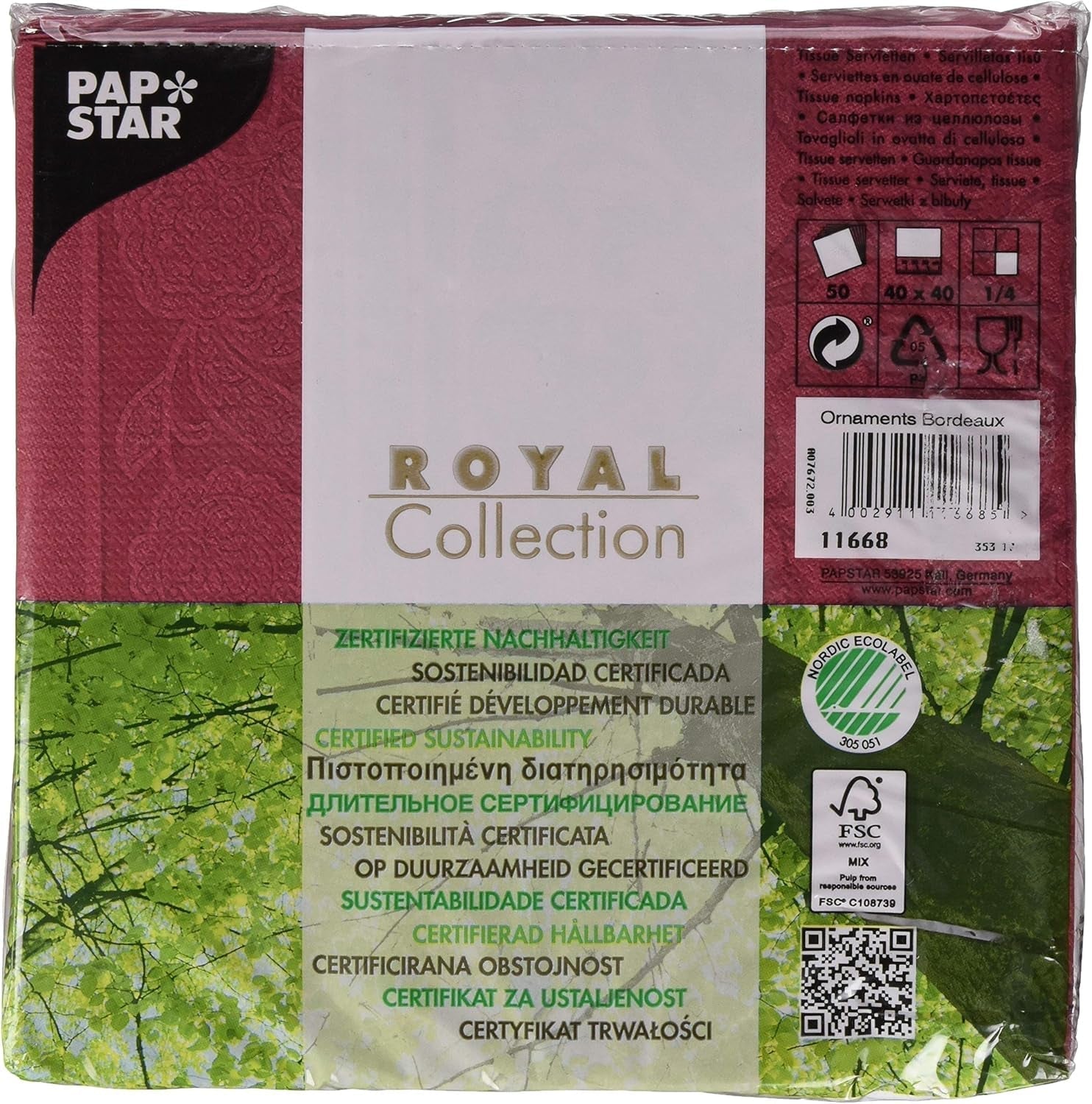 50 servietter "ROYAL Collection" 1/4 fold 40 Cm X 40 Cm Bordeaux "Ornaments"
