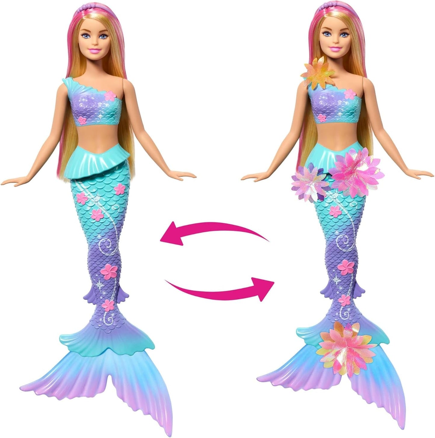 Barbie Meerjungfrauen-Spielzeug Puppe mit magischer Überraschungs Blüte, Schwanzflosse mit Farbverlauf, perlenbesetzten Haarreif og lange blonde Haar med rosa Strehchen, JDM72
