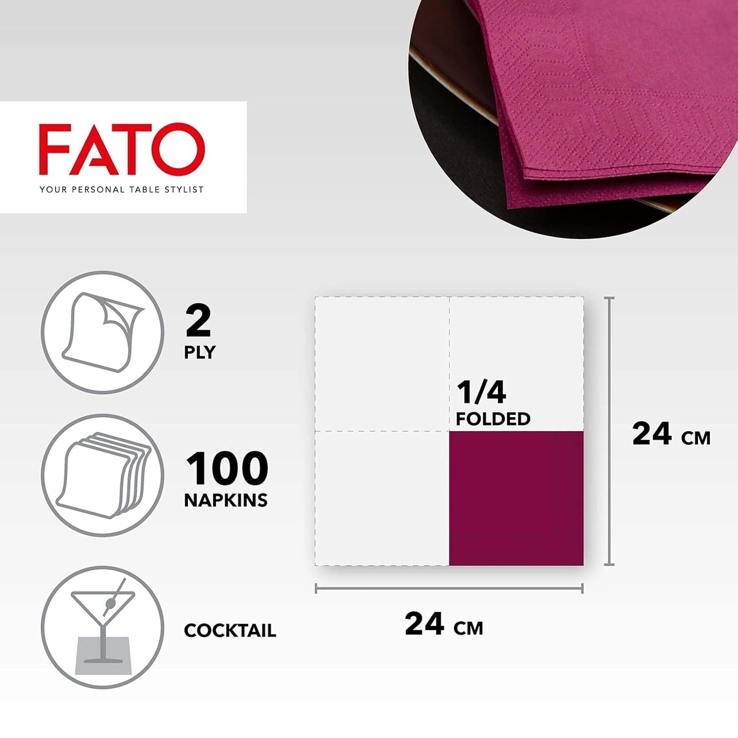 - Engangspapirservietter, ideelle til forretter og cocktails, pakke med 100 servietter, størrelse 24X24, 4-lags, 2-lags, Bordeaux-farve, 100 % rent cellulosepapir, Fsc-certificeret