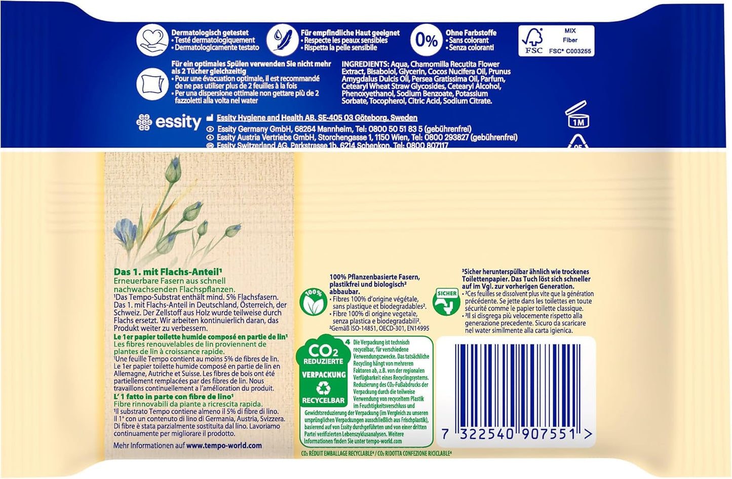 Tempo "Gentle & Caring" toiletservietter - Megapack - 16 pakker á 42 servietter - Duo Packs - med naturlig kamille - toiletpapir, dermatologisk testet og neutral til hudens Ph.