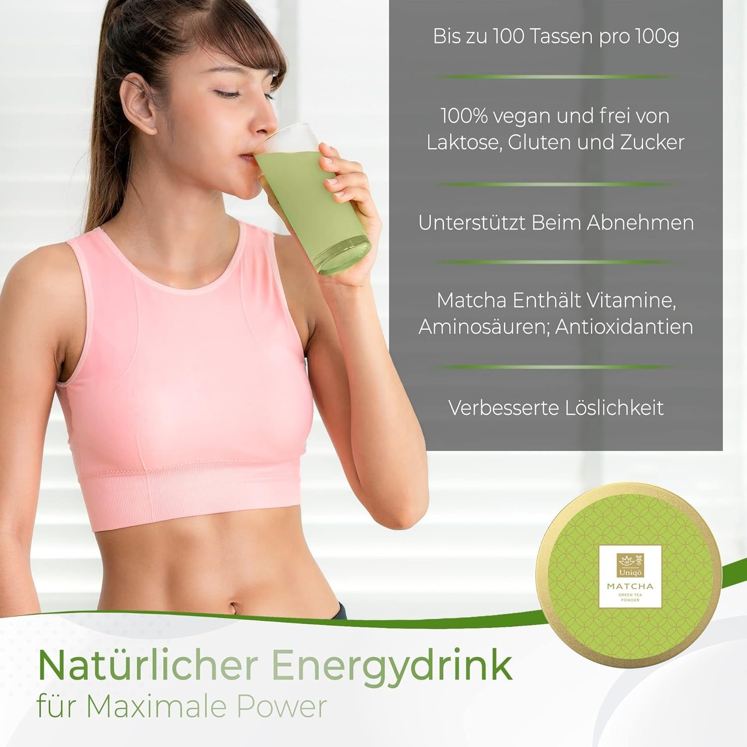 Uniqo Matcha tepulver 200 g i genopfyldelig økologisk emballage