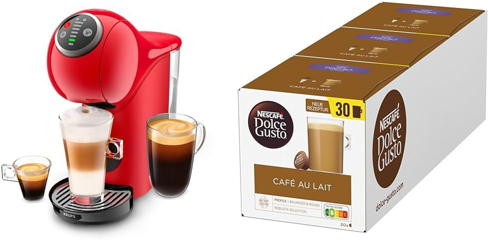Krups KP3405 NESCAFÉ Dolce Gusto Genio S Plus Kapselmaskine, Espresso Boost, Temperaturvalg, Varme og Kolde Drikke, 15 Bar Pumpetryk, 0,8 L Vandtank, 1500Watt, Farve Rød med Café au Lait